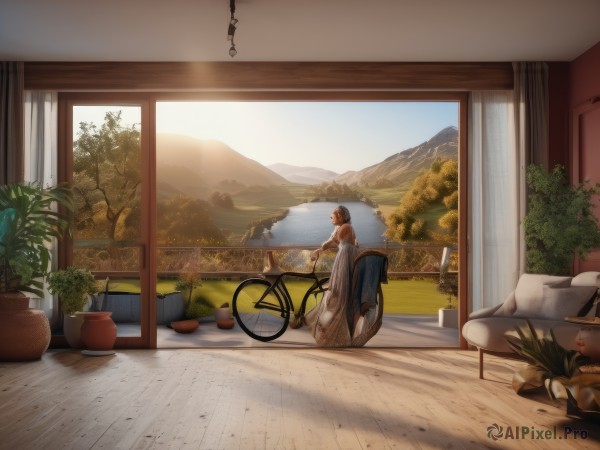 1girl,solo,short hair,skirt,brown hair,shirt,dress,sitting,outdoors,sky,day,indoors,tree,window,shadow,table,sunlight,plant,curtains,ground vehicle,scenery,couch,wooden floor,mountain,basket,potted plant,riding,house,wide shot,bicycle,landscape,cactus,white dress,chair,motor vehicle