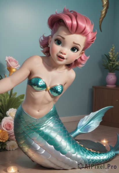 1girl,solo,breasts,looking at viewer,smile,short hair,open mouth,blue eyes,navel,holding,bare shoulders,jewelry,sitting,green eyes,collarbone,swimsuit,full body,pink hair,flower,bikini,red hair,earrings,small breasts,parted lips,teeth,artist name,indoors,signature,stomach,lips,bare arms,strapless,rose,arm support,watermark,plant,monster girl,bikini top only,web address,pink flower,realistic,on floor,tiles,scales,mermaid,tile floor,white rose,pink rose,shell,vase,shell bikini,candle