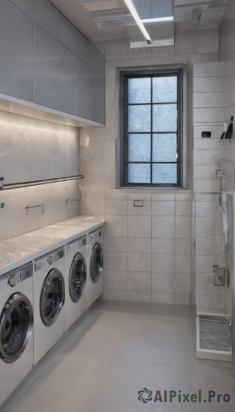 sky,day,indoors,no humans,window,scenery,door,tiles,tile wall,kitchen,sink,air conditioner,stove,washing machine,shadow,tile floor,ceiling light