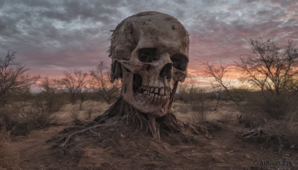 solo,outdoors,sky,cloud,tree,no humans,cloudy sky,grass,scenery,skull,sunset,skeleton,bare tree,bone,horror (theme),animal skull