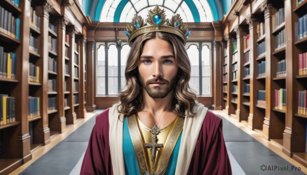 solo,long hair,looking at viewer,blue eyes,brown hair,1boy,jewelry,upper body,male focus,indoors,necklace,book,facial hair,cross,crown,beard,robe,realistic,mustache,bookshelf,cross necklace,library,priest,gem,church