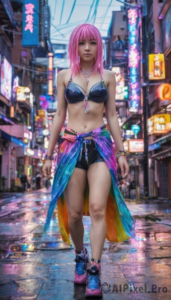 1girl,solo,breasts,looking at viewer,navel,cleavage,brown eyes,jewelry,medium breasts,standing,swimsuit,full body,pink hair,bikini,outdoors,shoes,shorts,midriff,medium hair,necklace,bracelet,lips,short shorts,black shorts,sneakers,bikini top only,city,realistic,road,clothes around waist,street,long hair,bangs,bare shoulders,closed mouth,solo focus,blurry,blurry background,watermark,web address,blue bikini,blue footwear,sign,jacket around waist,neon lights