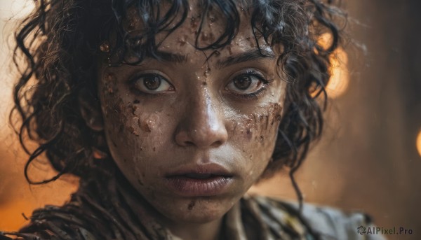 1girl,solo,looking at viewer,short hair,black hair,brown eyes,parted lips,dark skin,blurry,dark-skinned female,lips,depth of field,blurry background,messy hair,portrait,close-up,freckles,curly hair,realistic,dirty,dirty face