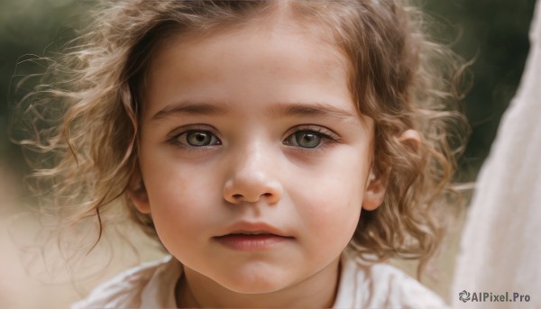 1girl,solo,looking at viewer,short hair,blonde hair,brown hair,shirt,brown eyes,closed mouth,white shirt,blurry,lips,grey eyes,wavy hair,expressionless,messy hair,child,portrait,close-up,freckles,realistic,nose,wings,eyelashes,floating hair,wind,forehead,angel wings,white wings,angel,female child