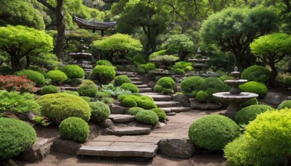 outdoors,day,tree,no humans,grass,plant,nature,scenery,forest,rock,stairs,bush,torii,shrine,path,stone lantern,stone stairs,architecture,east asian architecture,green theme,moss,stone