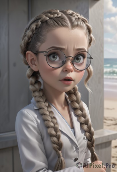 1girl,solo,long hair,looking at viewer,blush,brown hair,shirt,long sleeves,white shirt,upper body,braid,outdoors,parted lips,sky,glasses,teeth,day,artist name,cloud,blurry,twin braids,blue sky,lips,grey eyes,buttons,depth of field,blurry background,ocean,beach,hair over shoulder,forehead,freckles,black-framed eyewear,realistic,nose,hair tie,round eyewear,deviantart username,brown-framed eyewear,green eyes,collarbone,flat chest,eyelashes,watermark,french braid,crown braid