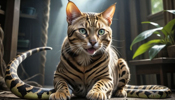 HQ,looking at viewer,open mouth,green eyes,tongue,indoors,blurry,no humans,window,blurry background,animal,cat,plant,realistic,potted plant,animal focus,whiskers,tiger,solo,tail,signature,fangs,watermark,table,sunlight,slit pupils,web address,colored sclera,bookshelf