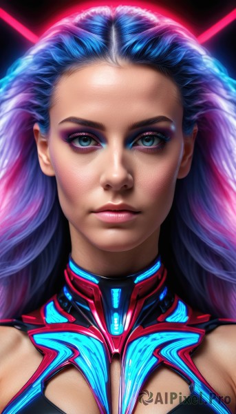 1girl,solo,long hair,breasts,looking at viewer,blue eyes,bare shoulders,closed mouth,blue hair,upper body,purple hair,multicolored hair,two-tone hair,lips,eyelashes,makeup,lipstick,portrait,forehead,eyeshadow,realistic,nose,eyeliner,straight-on,mascara,blue eyeshadow,pink hair,artist name,clothing cutout,bodysuit,gradient hair,glowing,expressionless,cleavage cutout,science fiction