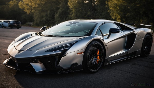 A motor vehicle surrounded by a serene outdoors