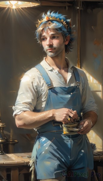 solo,smile,short hair,shirt,1boy,holding,brown eyes,closed mouth,blue hair,standing,white shirt,male focus,cowboy shot,parted lips,collared shirt,indoors,lips,looking to the side,facial hair,looking away,sunlight,tiara,crown,beard,sleeves rolled up,realistic,nose,mustache,overalls,brown hair,pants,apron,table,freckles,light,lamp,manly,dirty,arm hair