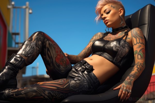 1girl,solo,breasts,short hair,blonde hair,navel,jewelry,medium breasts,sitting,closed eyes,earrings,boots,outdoors,sky,choker,day,midriff,belt,pants,nail polish,black footwear,blurry,blue sky,lips,crop top,fingernails,tattoo,makeup,depth of field,blurry background,chair,black pants,piercing,ring,lipstick,ear piercing,black nails,eyeshadow,knee up,cigarette,realistic,nose,smoking,leaning back,eyeliner,arm tattoo,leather,shoulder tattoo,reclining,mascara,neck tattoo,nose piercing,eyebrow piercing,leather pants,collar,sports bra,very short hair,facial tattoo,thumb ring