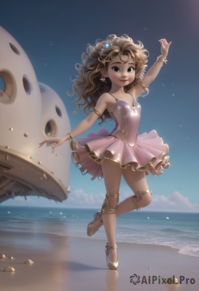 1girl,solo,long hair,breasts,looking at viewer,smile,skirt,brown hair,hair ornament,dress,bare shoulders,brown eyes,jewelry,standing,full body,earrings,small breasts,outdoors,sky,day,cloud,water,arm up,flat chest,bracelet,leotard,blue sky,lips,ocean,wavy hair,beach,standing on one leg,pink dress,armlet,curly hair,sand,ballerina,ballet slippers,ballet,tutu,star (symbol),dancing,coin