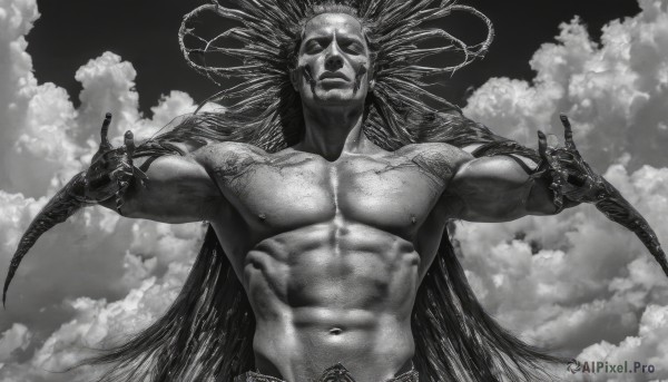 solo,long hair,looking at viewer,1boy,navel,nipples,monochrome,upper body,greyscale,male focus,outdoors,sky,cloud,tattoo,muscular,abs,cloudy sky,outstretched arms,pectorals,muscular male,topless male,skull,realistic,extra arms,smile,cape,halo,scar,veins