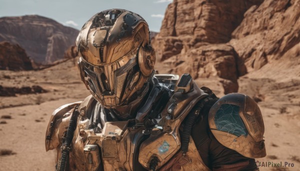 solo,1boy,upper body,weapon,male focus,outdoors,day,armor,blurry,gun,military,blurry background,helmet,shoulder armor,science fiction,mountain,realistic,power armor,desert,1girl,sky,blue sky,robot,portrait,rock,full armor