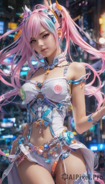 1girl,solo,long hair,breasts,looking at viewer,bangs,blue eyes,hair ornament,thighhighs,navel,cleavage,bare shoulders,twintails,jewelry,medium breasts,pink hair,multicolored hair,cowboy shot,earrings,blurry,bracelet,lips,streaked hair,detached collar,blurry background,headgear,garter straps,revealing clothes,navel cutout,closed mouth,standing,thighs,artist name,piercing,ear piercing,science fiction,realistic,navel piercing