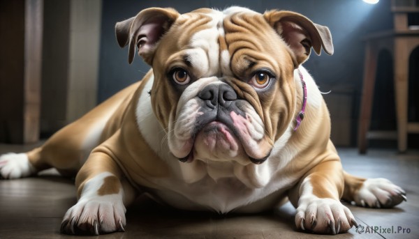 HQ,solo,looking at viewer,brown eyes,full body,lying,teeth,indoors,blurry,no humans,depth of field,blurry background,animal,on stomach,claws,wooden floor,realistic,on floor,animal focus,whiskers,tiger,collar,dog,animal collar