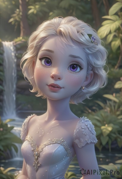 1girl,solo,breasts,looking at viewer,blush,smile,short hair,blonde hair,hair ornament,dress,cleavage,jewelry,purple eyes,collarbone,upper body,flower,short sleeves,earrings,small breasts,outdoors,parted lips,teeth,day,artist name,hair flower,water,blurry,tree,lips,eyelashes,makeup,depth of field,blurry background,blue dress,leaf,watermark,plant,nature,forest,freckles,realistic,nose,waterfall,mascara,bangs,strapless,gem,strapless dress