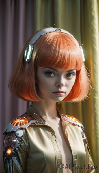 1girl,solo,breasts,looking at viewer,short hair,bangs,brown eyes,closed mouth,jacket,upper body,small breasts,open clothes,artist name,blunt bangs,orange hair,blurry,open jacket,lips,makeup,headphones,scar,bob cut,curtains,freckles,science fiction,realistic,nose,mechanical arms,cyborg,single mechanical arm,shirt,red hair,eyelashes,open shirt,no bra,expressionless,android,cyberpunk