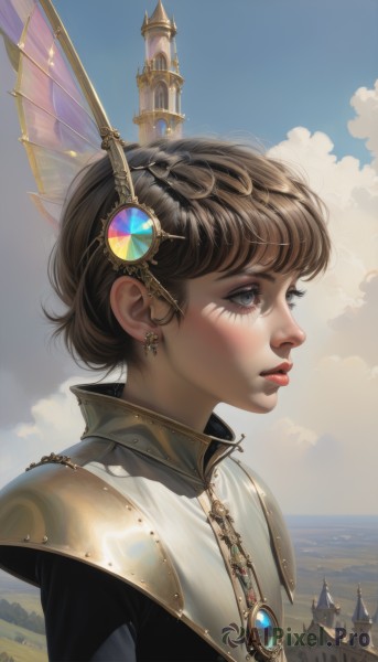 1girl,solo,short hair,bangs,blue eyes,brown hair,hair ornament,jewelry,upper body,earrings,outdoors,parted lips,sky,teeth,day,cloud,necklace,armor,from side,blue sky,lips,looking to the side,eyelashes,profile,looking away,cloudy sky,gem,portrait,nose,fantasy,looking afar,castle,braid,artist name,water,grey eyes,ocean,shoulder armor,pauldrons,realistic,crown braid