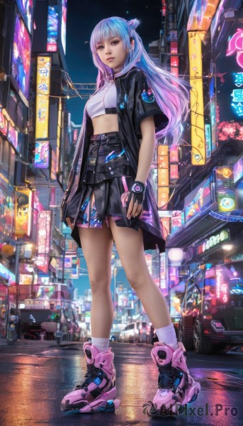 1girl,solo,long hair,breasts,looking at viewer,bangs,skirt,shirt,gloves,brown eyes,closed mouth,standing,jacket,full body,pink hair,purple hair,short sleeves,multicolored hair,pleated skirt,outdoors,open clothes,shoes,solo focus,black gloves,socks,midriff,belt,miniskirt,fingerless gloves,black skirt,hair bun,two-tone hair,open jacket,lips,black jacket,crop top,gradient hair,night,ground vehicle,building,sneakers,motor vehicle,science fiction,city,pink footwear,car,road,street,cyberpunk,neon lights,blue eyes,hair ornament,jewelry,blue hair,small breasts,sky,white socks,realistic,crowd,nike