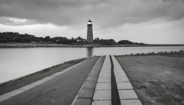 monochrome,greyscale,outdoors,sky,cloud,water,tree,no humans,ocean,cloudy sky,building,scenery,reflection,horizon,clock,road,bridge,river,tower,comic,day,grass,nature,lamppost,path,lighthouse