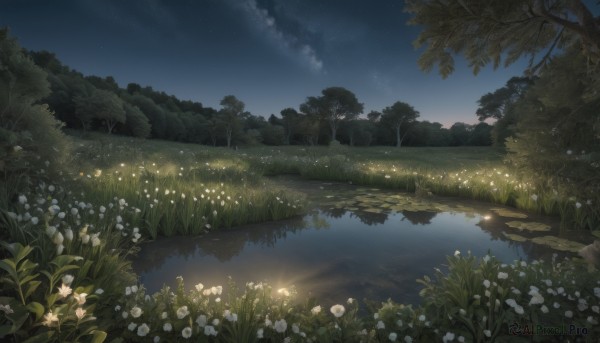 flower,outdoors,sky,cloud,water,tree,no humans,night,leaf,grass,plant,white flower,star (sky),nature,night sky,scenery,forest,starry sky,reflection,lake,1girl,black hair,river,fireflies