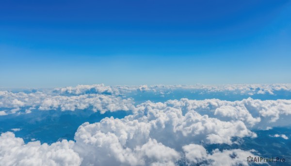 monochrome,outdoors,sky,day,cloud,blue sky,no humans,ocean,cloudy sky,scenery,blue theme,city,horizon,cityscape,landscape,above clouds