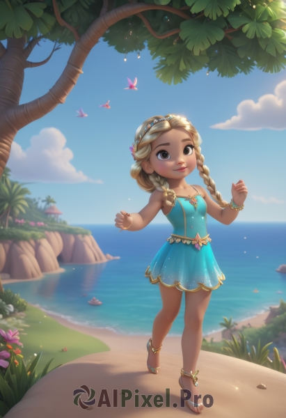 1girl,solo,long hair,breasts,smile,blonde hair,hair ornament,dress,bare shoulders,brown eyes,jewelry,standing,swimsuit,full body,braid,flower,small breasts,outdoors,sky,barefoot,day,artist name,cloud,dark skin,water,necklace,black eyes,twin braids,bracelet,tree,blue sky,lips,one-piece swimsuit,blue dress,bird,ocean,beach,short dress,sandals,grass,bug,tiara,aged down,butterfly,child,rock,sand,anklet,palm tree,female child,crab,hairband,dark-skinned female,see-through,toes,watermark,thick eyebrows,plant,web address,island