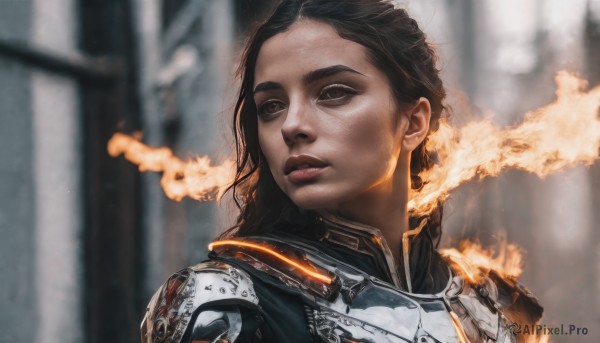 1girl,solo,long hair,black hair,brown eyes,upper body,parted lips,dark skin,armor,blurry,black eyes,dark-skinned female,lips,blurry background,fire,shoulder armor,portrait,forehead,realistic,nose,short hair,brown hair,looking to the side,looking away,smoke,science fiction