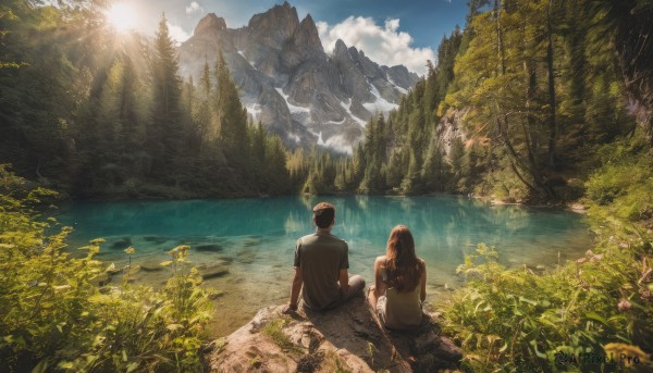 1girl, long hair, short hair, brown hair, shirt, black hair, 1boy, sitting, outdoors, sky, day, cloud, water, from behind, tree, sunlight, nature, scenery, forest, rock, mountain