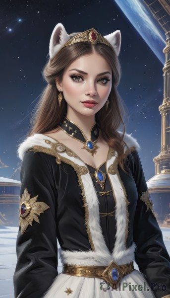 1girl,solo,long hair,breasts,looking at viewer,smile,skirt,brown hair,long sleeves,dress,animal ears,cleavage,brown eyes,jewelry,medium breasts,closed mouth,upper body,earrings,sky,cat ears,lips,fur trim,makeup,fake animal ears,tiara,crown,gem,star (sky),starry sky,gold trim,realistic,space,planet,earth (planet),shirt,collarbone,black shirt,night,white skirt,night sky,forehead,red lips,pillar,column