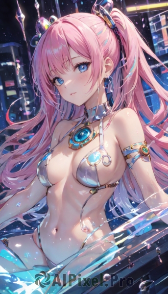 1girl,solo,long hair,breasts,looking at viewer,blush,bangs,blue eyes,hair ornament,navel,cleavage,bare shoulders,twintails,jewelry,medium breasts,sitting,closed mouth,swimsuit,pink hair,bikini,earrings,water,stomach,two side up,wet,detached collar,night,white bikini,crown,revealing clothes,string bikini,armlet,untied bikini,outdoors,parted lips,halterneck,partially submerged,multi-strapped bikini