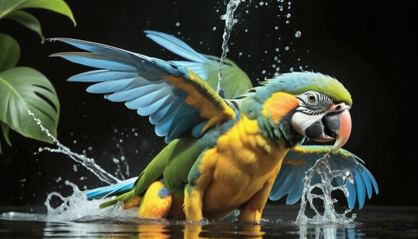 HQ,solo,open mouth,full body,yellow eyes,wings,teeth,water,orange eyes,pokemon (creature),no humans,bird,animal,leaf,feathers,plant,sharp teeth,black background,feathered wings,reflection,water drop,realistic,animal focus,splashing,ripples,beak,parrot,looking at viewer,simple background,artist name,watermark,web address