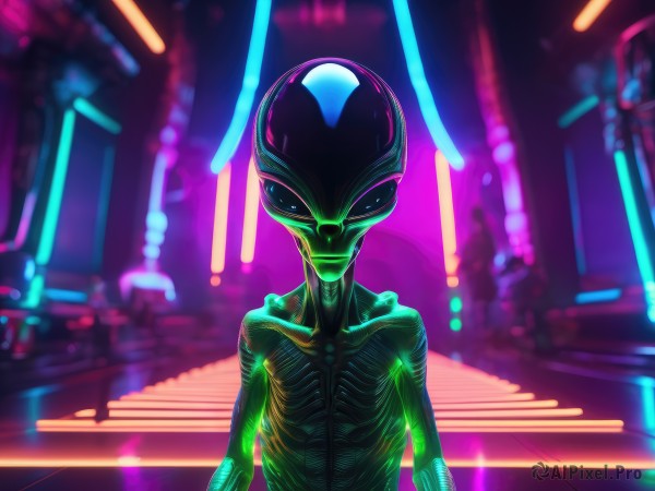 solo,looking at viewer,1boy,standing,upper body,male focus,outdoors,blurry,bodysuit,blurry background,glowing,helmet,science fiction,arms at sides,straight-on,ribs,alien,neon lights,1girl,mask,skin tight