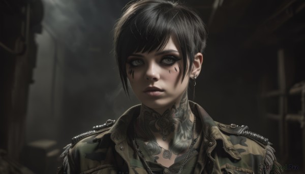 1girl,solo,looking at viewer,short hair,bangs,black hair,jewelry,jacket,upper body,earrings,parted lips,artist name,necklace,blurry,uniform,black eyes,lips,grey eyes,military,tattoo,makeup,blurry background,watermark,facial mark,portrait,smoke,realistic,nose,facepaint,facial tattoo,neck tattoo,choker,black jacket,cross,black background,eyeliner,leather,dark background,leather jacket,mascara,gothic