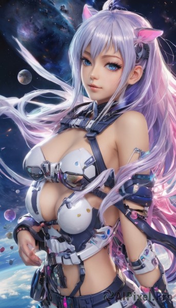 1girl,solo,long hair,breasts,looking at viewer,smile,bangs,blue eyes,large breasts,hair ornament,navel,animal ears,cleavage,bare shoulders,purple hair,parted lips,midriff,lips,clothing cutout,fake animal ears,light purple hair,science fiction,space,planet,earth (planet),cat ears,realistic