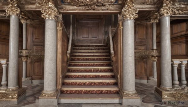 indoors,no humans,window,scenery,stairs,door,architecture,pillar,arch,column,throne,gate,stone floor,stone stairs