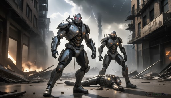 HQ,red eyes,standing,weapon,outdoors,multiple boys,sky,cloud,armor,gun,no humans,glowing,helmet,cloudy sky,fire,robot,building,mecha,smoke,science fiction,rain,city,realistic,electricity,cable,glowing eye,ruins,multiple others,damaged,lightning,power armor,destruction,sparks,1boy,lying,2boys,glowing eyes,sign,battle,explosion,cyborg,power lines,death,corpse,arm blade