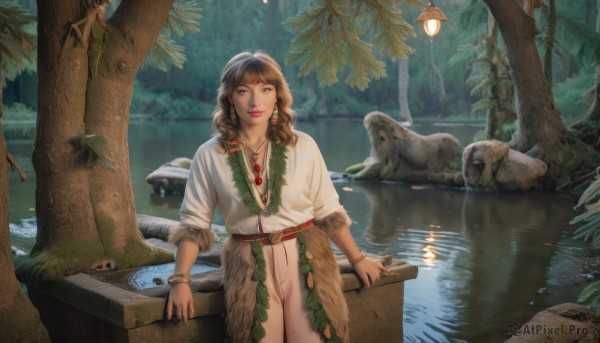 1girl,solo,long hair,breasts,looking at viewer,smile,bangs,brown hair,shirt,brown eyes,jewelry,closed mouth,standing,white shirt,cowboy shot,earrings,outdoors,belt,water,necklace,bracelet,tree,lips,looking to the side,makeup,bird,animal,leaf,feathers,plant,nature,forest,reflection,curly hair,lantern,fantasy,watercraft,river,boat,lily pad,collarbone,parted lips,pussy,fingernails,pubic hair,no panties,female pubic hair,scenery,realistic