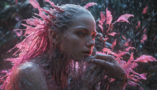 1girl, solo, long hair, blue eyes, gloves, 1boy, upper body, flower, white hair, male focus, blurry, lips, wet, looking away, realistic, nose