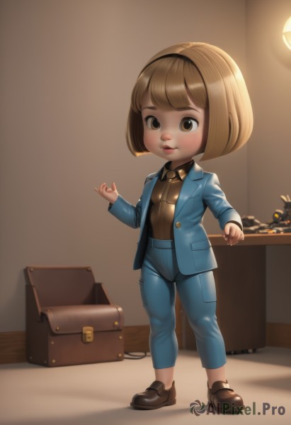 1girl,solo,looking at viewer,smile,short hair,bangs,blonde hair,brown hair,shirt,long sleeves,brown eyes,standing,jacket,full body,hairband,parted lips,open clothes,shoes,collared shirt,pants,indoors,signature,blunt bangs,black footwear,open jacket,lips,brown footwear,stuffed toy,formal,bob cut,suit,blue jacket,child,blue pants,female child,brown shirt,blush,suitcase