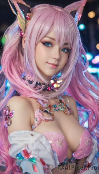 1girl,solo,long hair,breasts,looking at viewer,smile,bangs,blue eyes,large breasts,hair ornament,cleavage,bare shoulders,jewelry,medium breasts,closed mouth,underwear,upper body,pink hair,open clothes,choker,necklace,off shoulder,bra,blurry,lips,gem,realistic,pink bra,hair between eyes,flower,multicolored hair,artist name,eyelashes,gradient hair,makeup,headgear,floral print,o-ring,eyeshadow,pink lips,nose,mascara