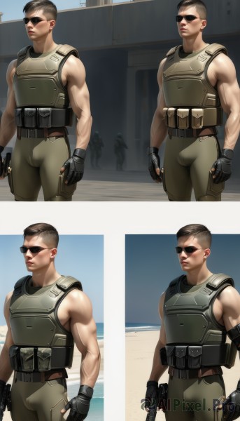 short hair,brown hair,gloves,1boy,holding,closed mouth,weapon,male focus,outdoors,sleeveless,black gloves,pants,fingerless gloves,holding weapon,armor,gun,military,muscular,beach,sunglasses,muscular male,holding gun,handgun,bulge,bulletproof vest,black hair,multiple boys,2boys,vest,undercut,aviator sunglasses