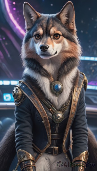 solo,looking at viewer,smile,gloves,long sleeves,1boy,brown eyes,jewelry,standing,jacket,tail,upper body,male focus,cowboy shot,outdoors,belt,artist name,signature,blurry,vest,black jacket,no humans,night,blurry background,animal,brooch,gem,furry,buckle,dog,furry male,body fur,animal focus,closed mouth,teeth,pants,necklace,black belt,wolf