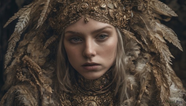 1girl,solo,long hair,looking at viewer,blue eyes,jewelry,closed mouth,parted lips,artist name,armor,mole,blurry,lips,grey eyes,blurry background,feathers,portrait,freckles,realistic,headdress,blonde hair,helmet,gem,gold