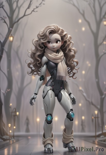 1girl,solo,long hair,breasts,looking at viewer,smile,brown hair,brown eyes,standing,full body,outdoors,scarf,tree,wavy hair,robot,snow,forehead,reflection,science fiction,curly hair,android,joints,winter,cyborg,lamppost,bare tree,robot joints,mechanical legs,small breasts,lips,humanoid robot