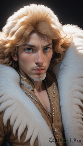 solo,looking at viewer,blue eyes,blonde hair,simple background,1boy,jewelry,closed mouth,upper body,male focus,necklace,lips,fur trim,facial hair,black background,portrait,beard,freckles,curly hair,realistic,nose,mustache,fur coat,short hair,bangs,brown hair,jacket,scar,pectorals,fur collar,serious,manly,chest hair