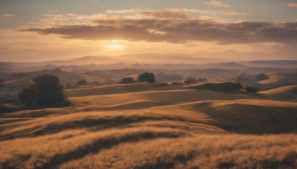 A majestic sunset outdoors featuring a landscape