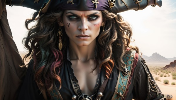 1girl,solo,long hair,breasts,looking at viewer,blue eyes,brown hair,hat,cleavage,jewelry,green eyes,collarbone,upper body,red hair,earrings,small breasts,outdoors,parted lips,horns,day,lips,eyelashes,tattoo,makeup,wavy hair,facial mark,feathers,messy hair,tassel,curly hair,mountain,realistic,nose,facepaint,facial tattoo,pirate hat,mascara,pirate,medium breasts,multicolored hair,tree,bandana