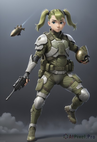 1girl,solo,looking at viewer,blue eyes,blonde hair,gloves,holding,twintails,full body,weapon,boots,green hair,signature,fingerless gloves,holding weapon,armor,gun,military,military uniform,helmet,holding gun,rifle,smoke,headwear removed,science fiction,pouch,aircraft,assault rifle,knee pads,elbow pads,green pants,helmet removed,helicopter,body armor,armored boots,animification,shoulder pads,power armor,energy gun,power suit